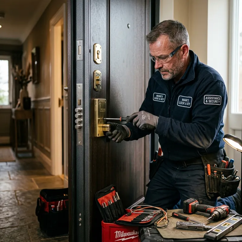 Técnico instalando un sistema de alta seguridad en una puerta acorazada pesada