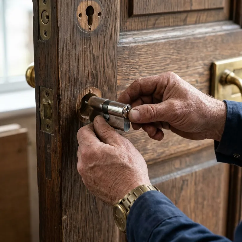Detalle en primer plano de un cerrajero insertando un cilindro antibumping en una puerta de madera