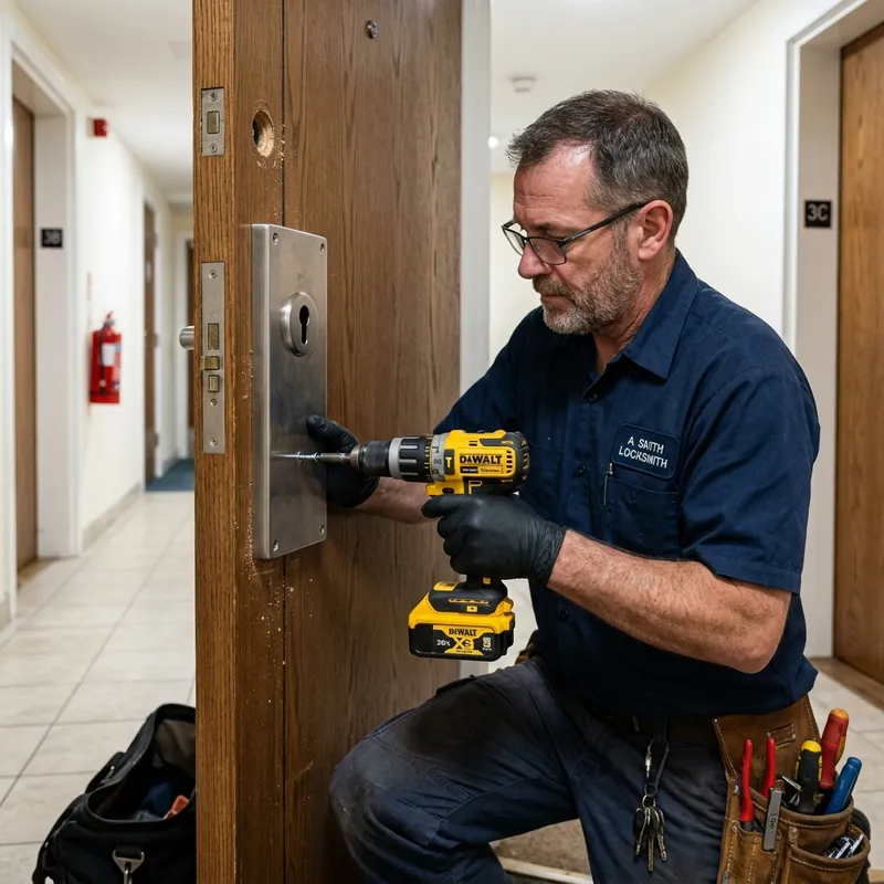 Profesional empleando un taladro para instalar un escudo protector masivo de acero en la puerta