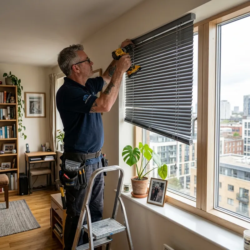 Técnico instalando una persiana de aluminio térmico en un piso soleado