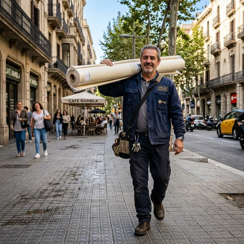 Cerrajero caminando alegremente por un paseo soleado típico de Sant Andreu llevando material